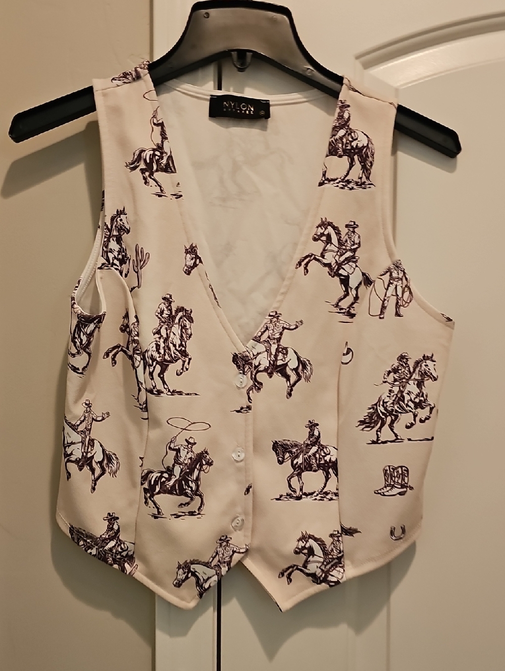 Nylon Western Print Button Vest in Cream and Dark Brown